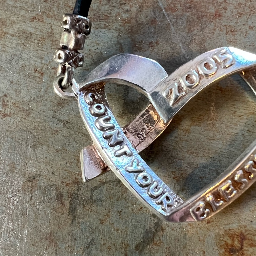 “Count Your Blessings” Sterling Heart Necklace w/Leather Cord 16”